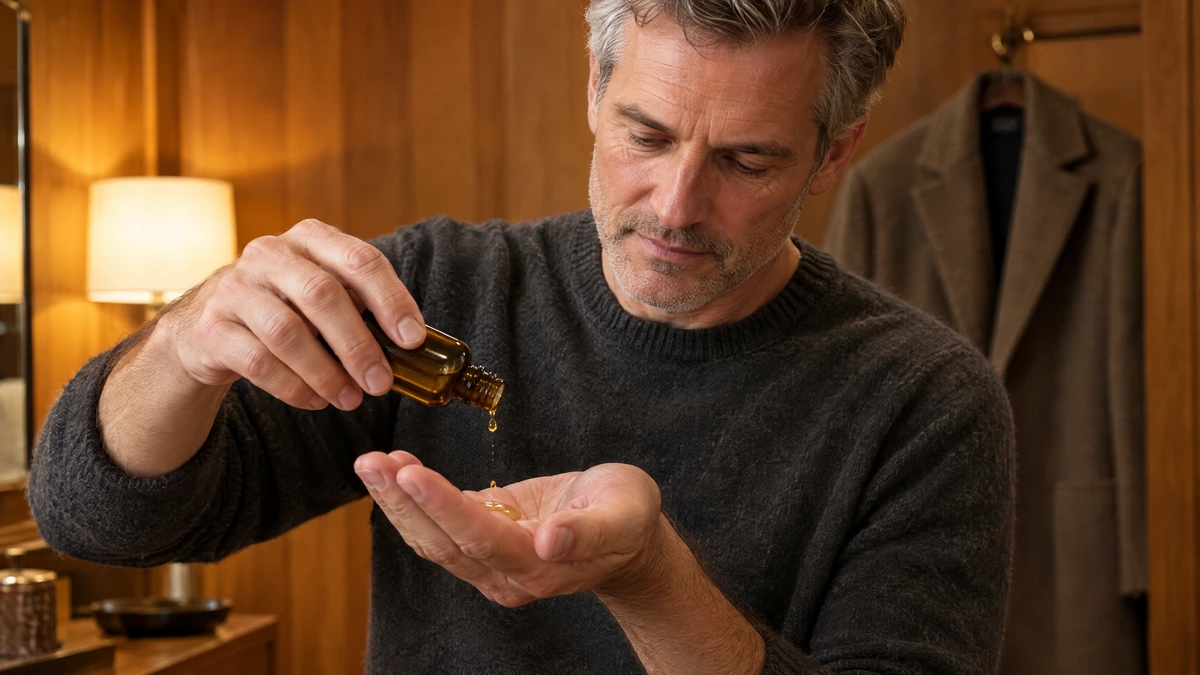 A man in a charcoal sweater tips body oil into his palm in a wood-panelled dressing room, Piton Noir Botanicals Boston