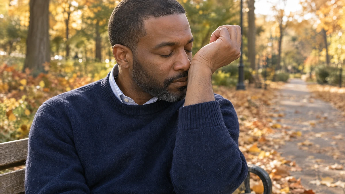 A man in a navy sweater smells the inside of his wrist on a park bench in autumn, Piton Noir Botanicals Boston