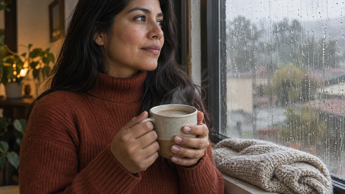 A woman in a rust turtleneck holds a warm mug by a rainy window at home, Piton Noir Botanicals Boston