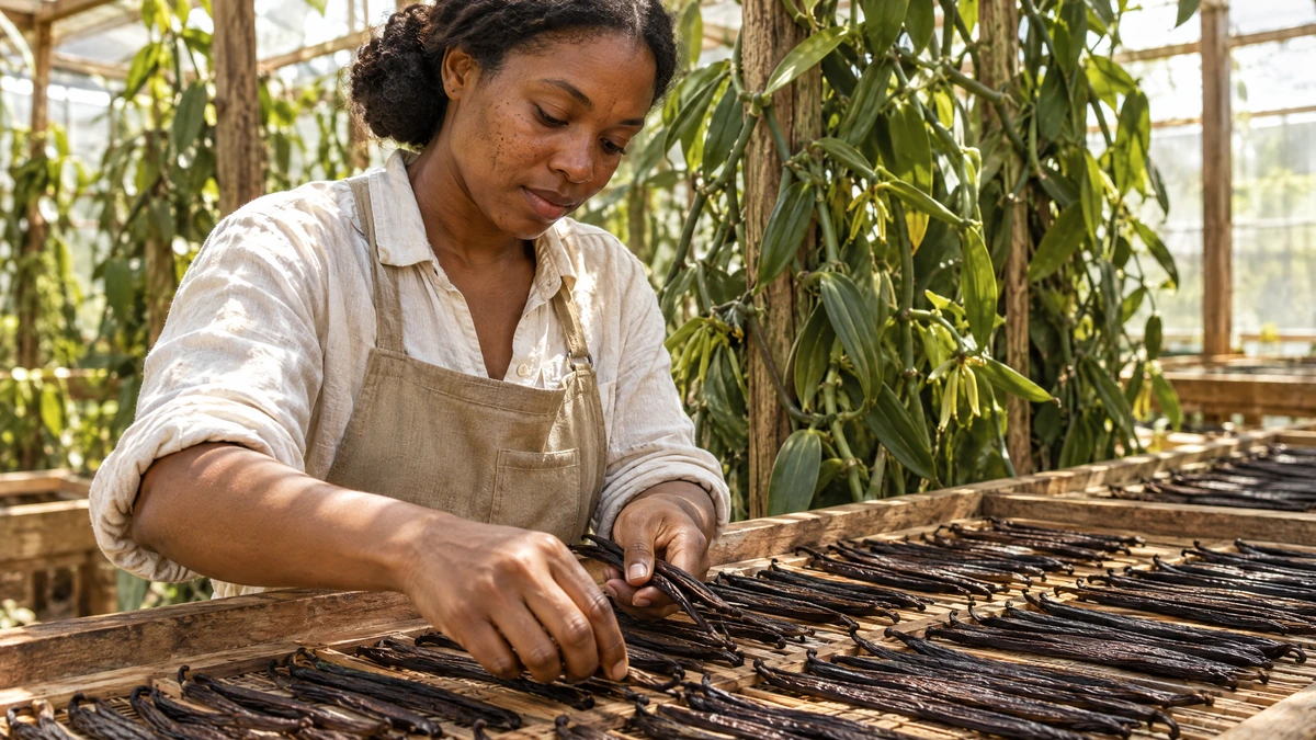 A woman in a linen shirt lays cured vanilla beans on a drying rack in a greenhouse, Piton Noir Botanicals Boston