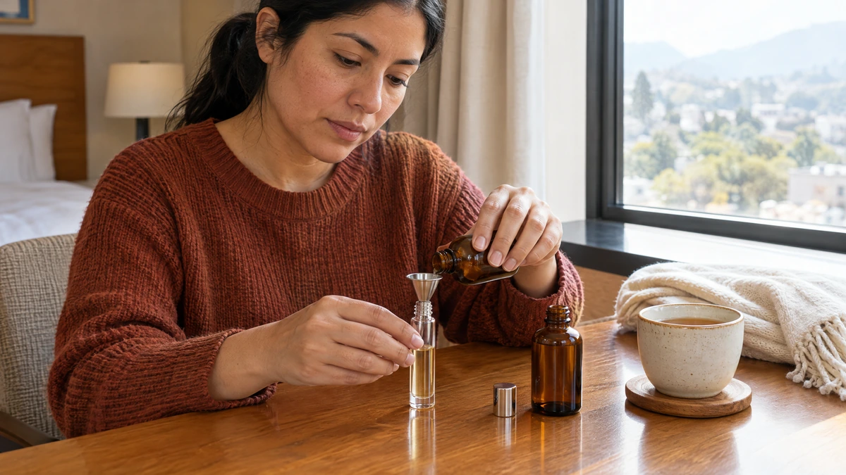 A woman in a rust sweater fills a small glass atomizer from an amber bottle at a hotel desk, Piton Noir Botanicals Boston
