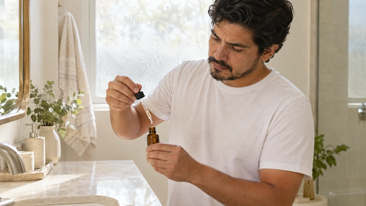 A man holds a dropper above a small amber bottle at a bathroom counter in soft daylight, Piton Noir Botanicals Boston