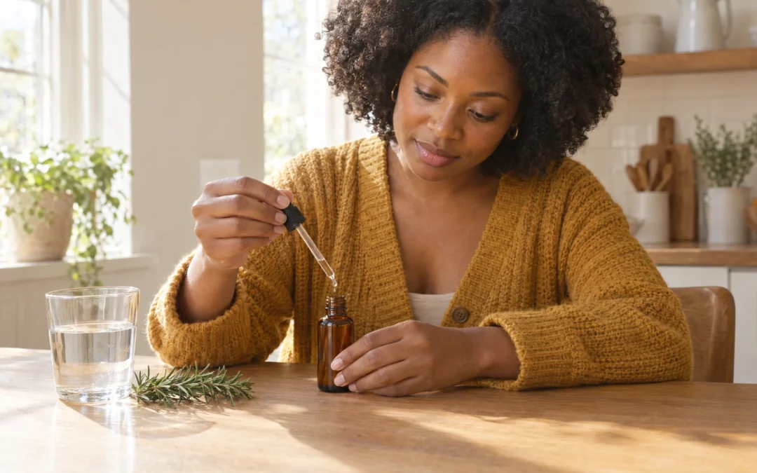 A woman measures drops of essential oil into a small amber bottle at a sunny kitchen table, Piton Noir Botanicals Boston