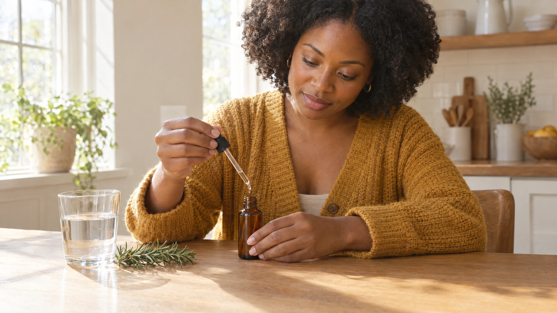 A woman measures drops of essential oil into a small amber bottle at a sunny kitchen table, Piton Noir Botanicals Boston