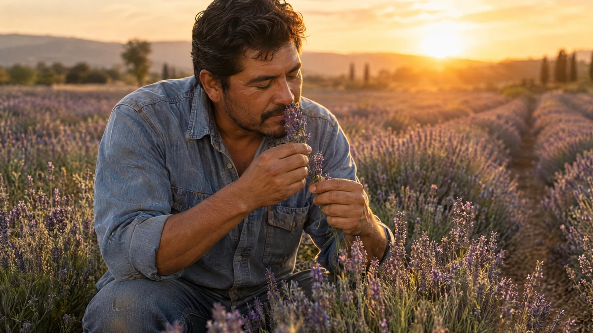 A man kneels in a lavender field at golden hour and rubs a sprig between his fingers, Piton Noir Botanicals Boston