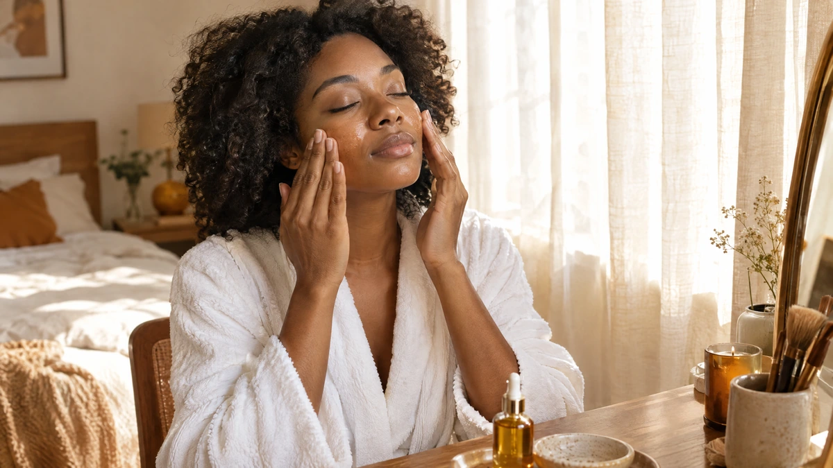 A woman presses oil into her cheeks at a bedroom vanity in soft morning light, Piton Noir Botanicals Boston