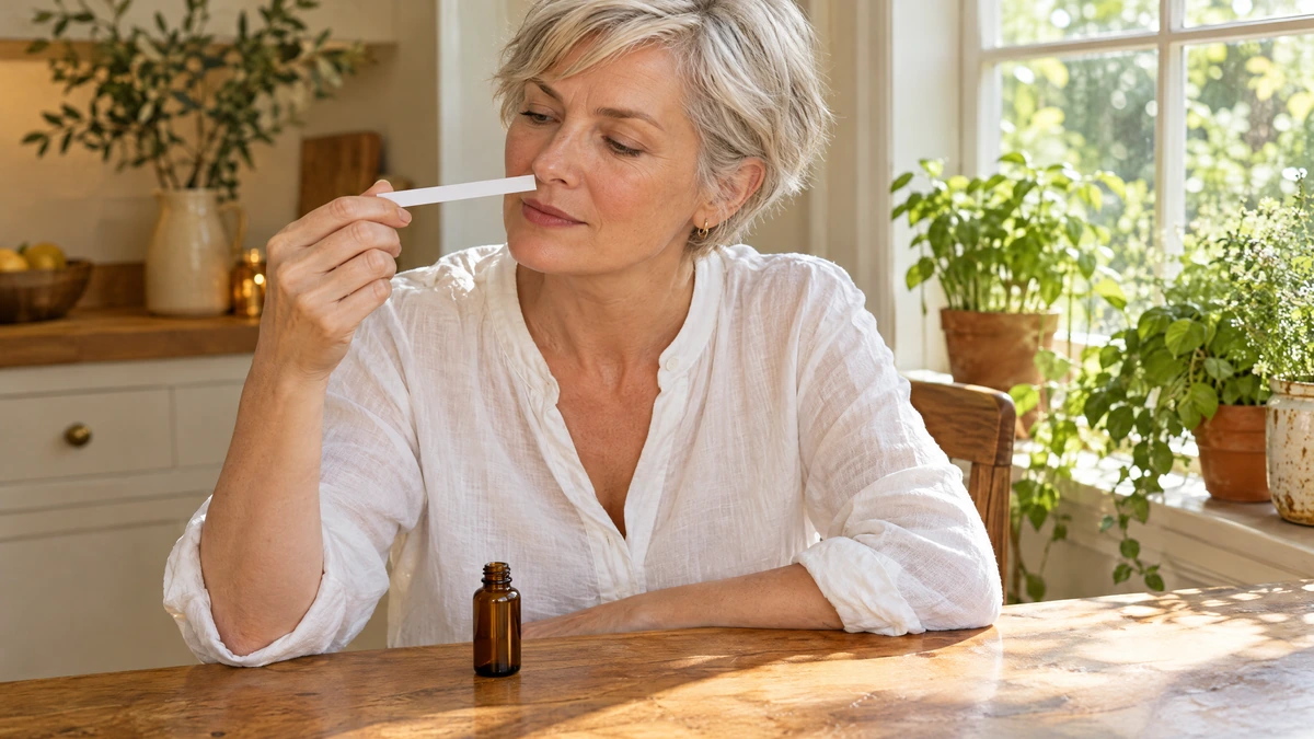 A woman with silver hair at a sunlit kitchen table smells a plain white paper blotter strip, Piton Noir Botanicals Boston