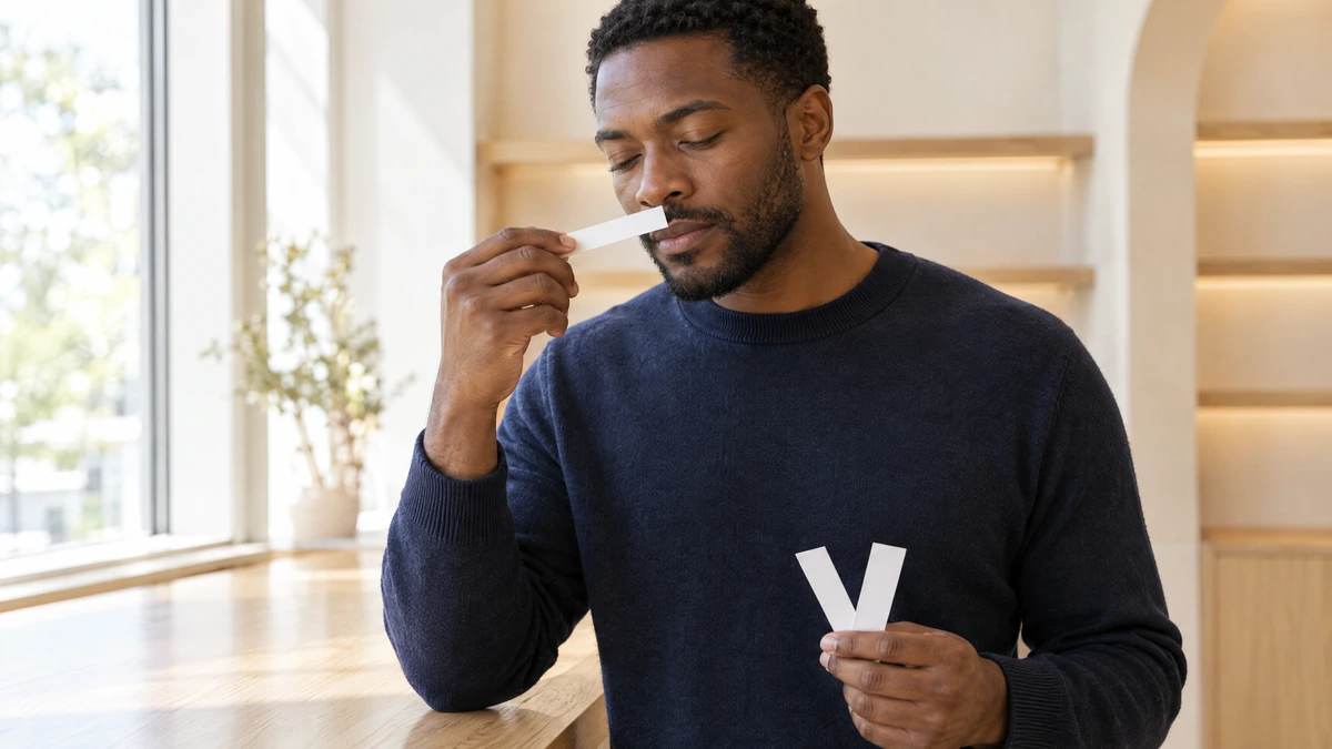 A man in a navy sweater smells a paper test strip at a bright shop counter, Piton Noir Botanicals Boston