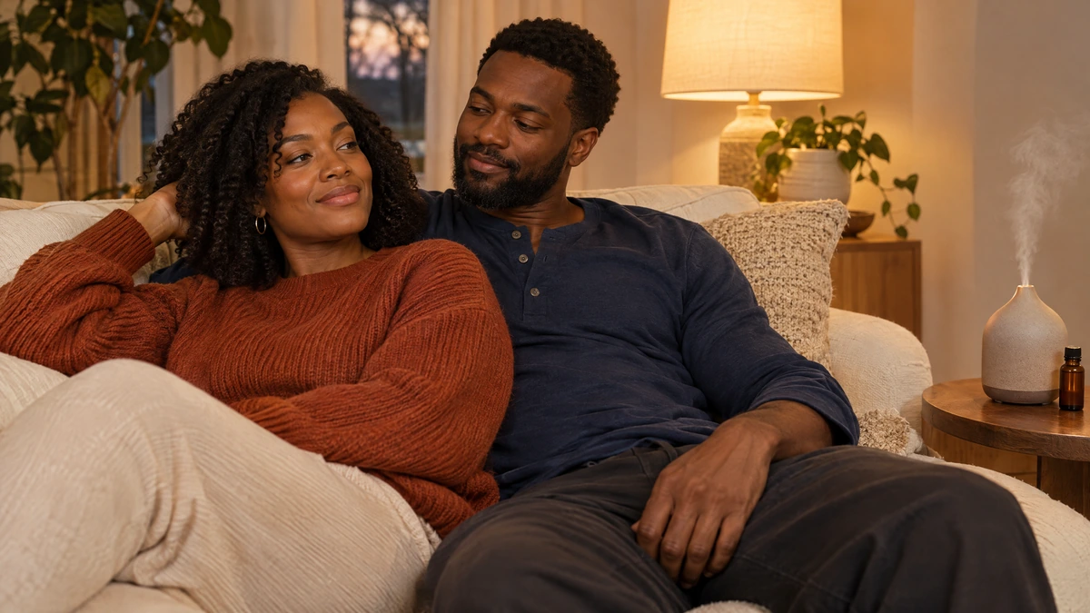 A couple relaxes on a sofa in the evening beside a ceramic diffuser and its soft mist, Piton Noir Botanicals Boston