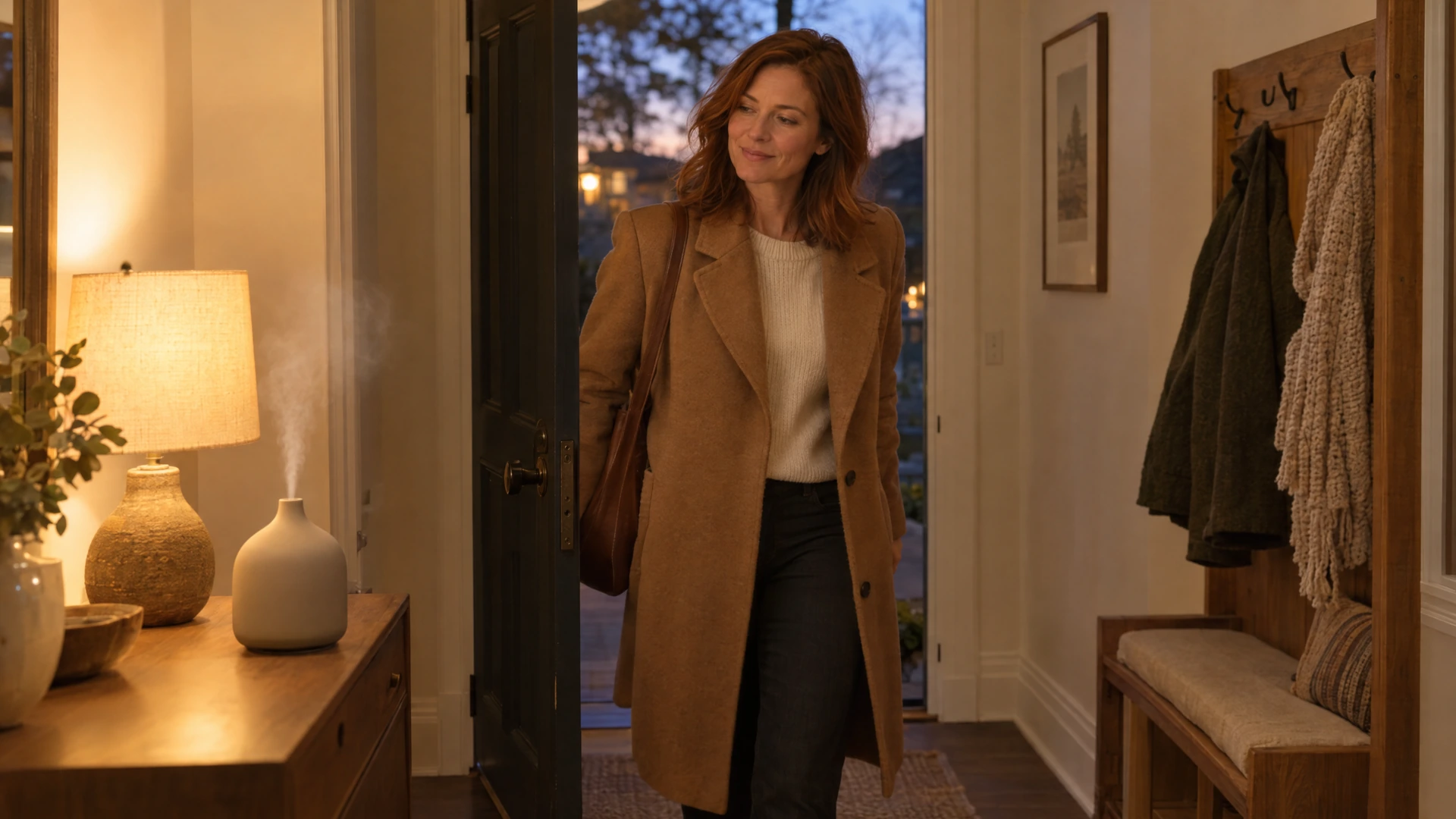 A woman steps through her front door at dusk as a soft diffuser mist rises in the hall, Piton Noir Botanicals Boston