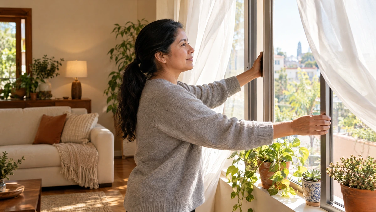 A woman opens a tall living room window on a bright morning, curtains lifting, Piton Noir Botanicals Boston