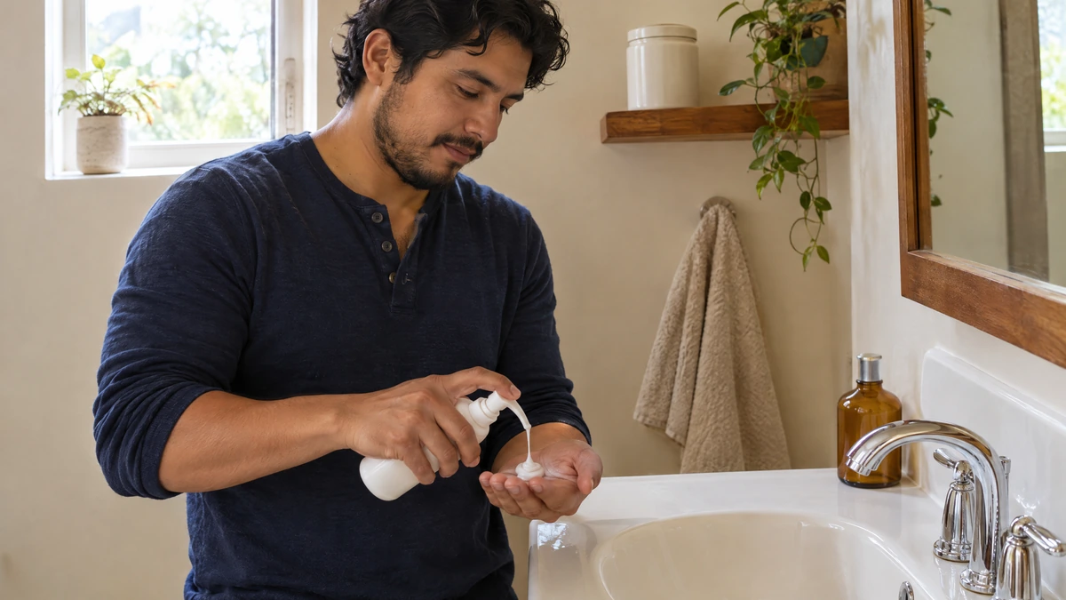 A man pumps lotion into his palm beside a bathroom sink, Piton Noir Botanicals Boston