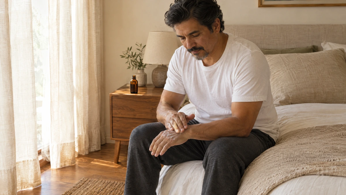 A man on the edge of his bed rubs lotion into his hands in morning light, Piton Noir Botanicals Boston
