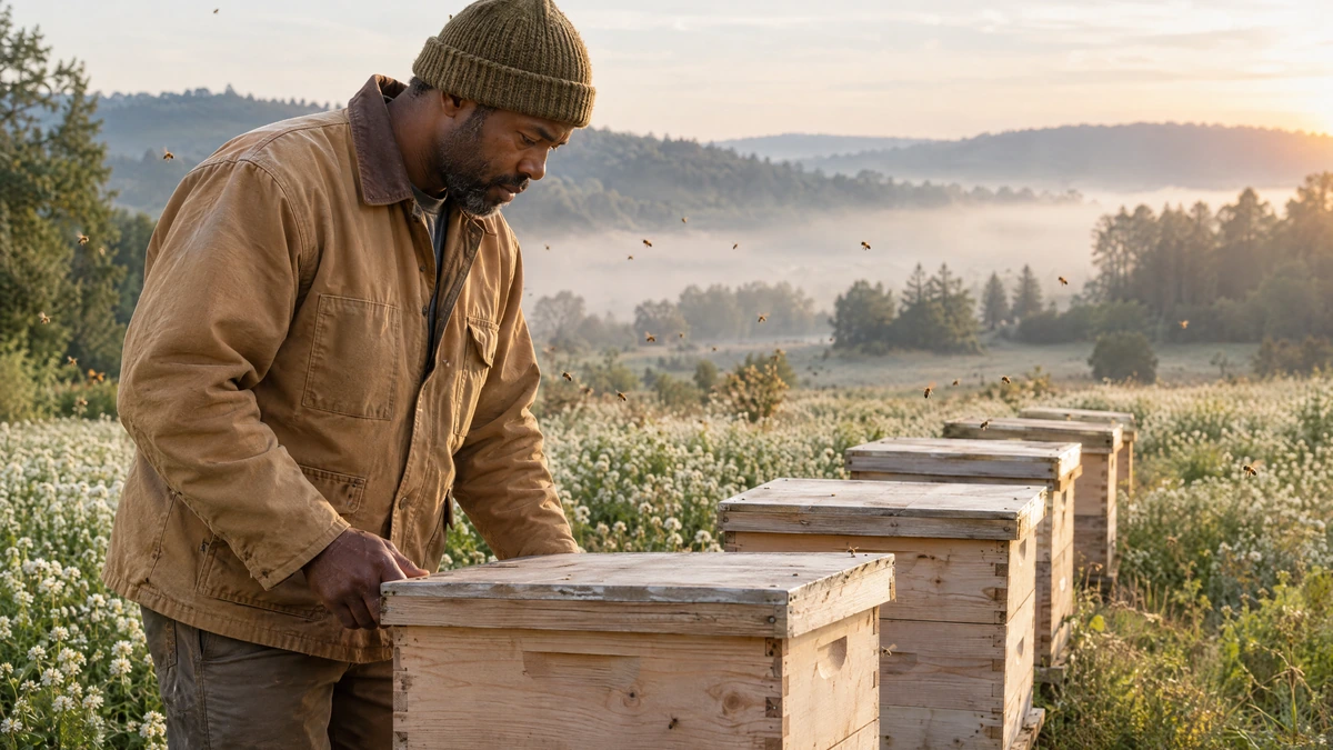 A man in a canvas work jacket checks wooden beehives beside a flowering field in morning mist, Piton Noir Botanicals Boston