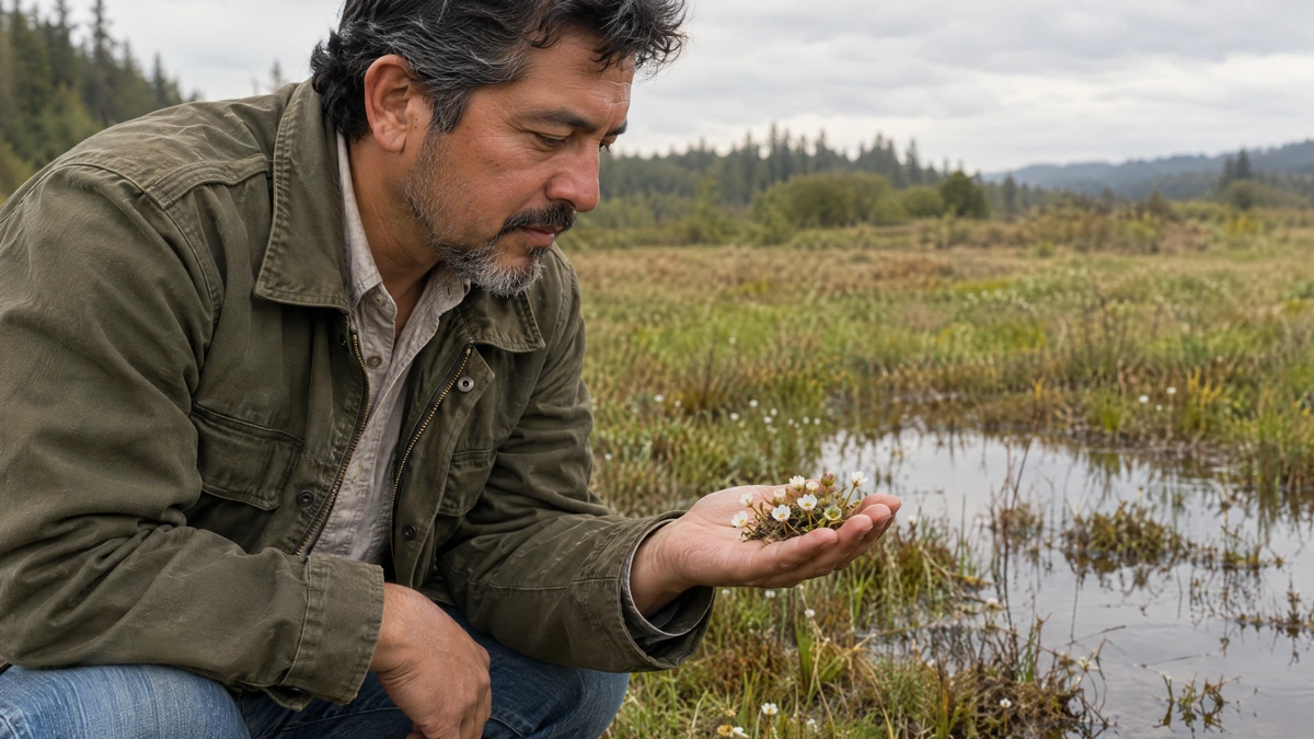 A man in an olive field jacket crouches at the edge of a wet meadow to study tiny white flowers, Piton Noir Botanicals Boston