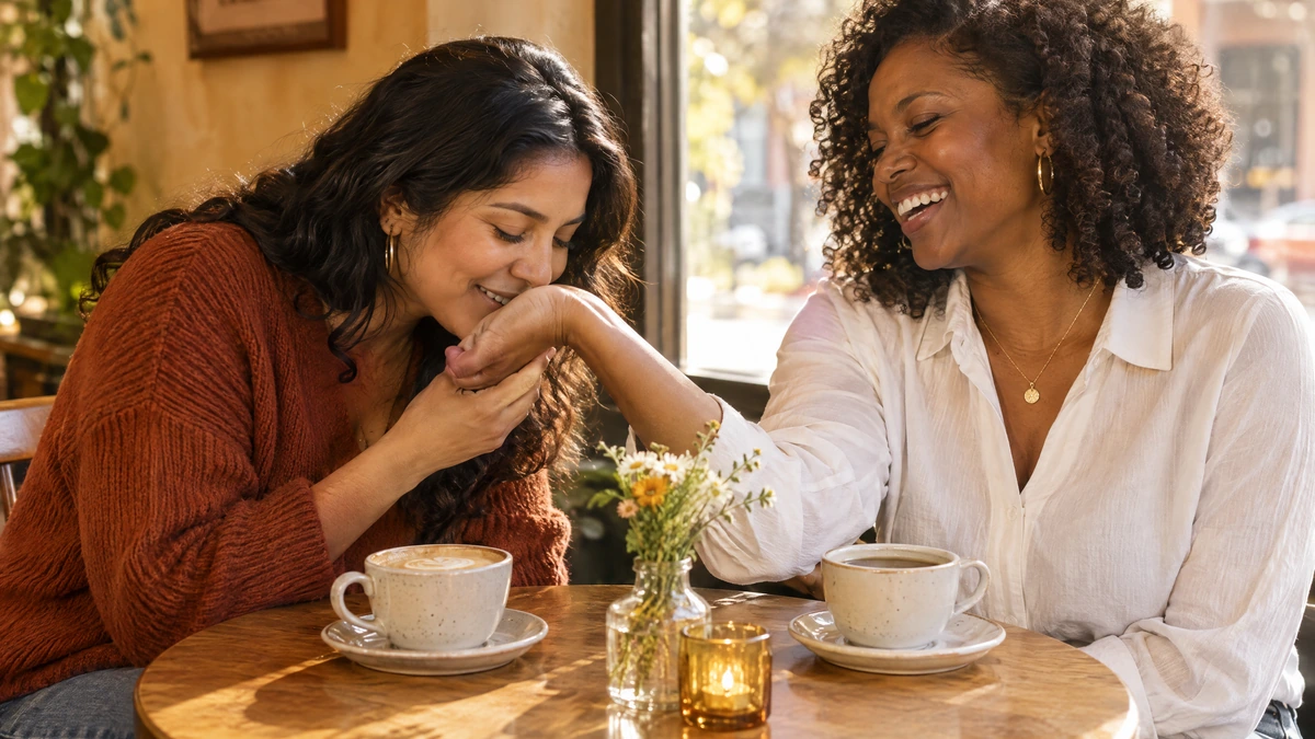 Two friends at a cafe table, one leans toward the other's wrist to smell her fragrance, Piton Noir Botanicals Boston