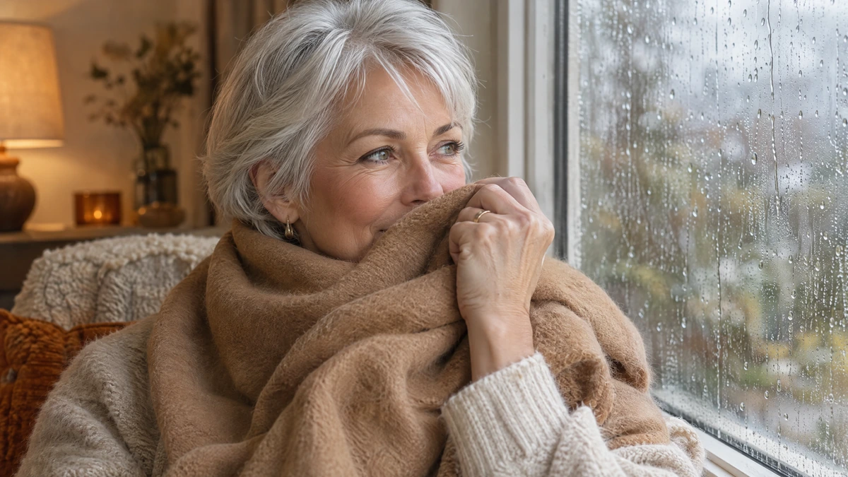 An older woman with silver hair sits by a rainy window and breathes in her soft wool scarf, Piton Noir Botanicals Boston