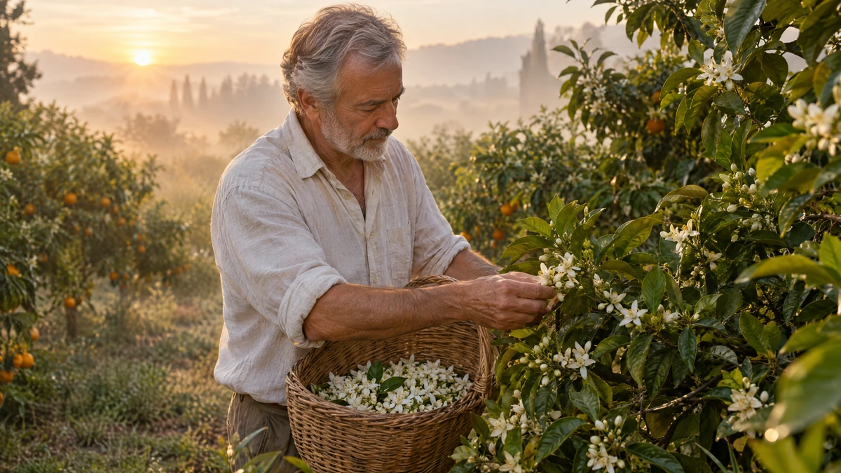 An older man gathers white blossoms by hand into a woven basket in an orange grove at dawn, Piton Noir Botanicals Boston
