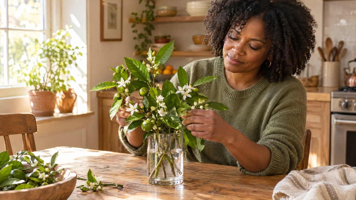 A woman at a kitchen table arranges orange tree sprigs with blossoms and leaves in a glass, Piton Noir Botanicals Boston