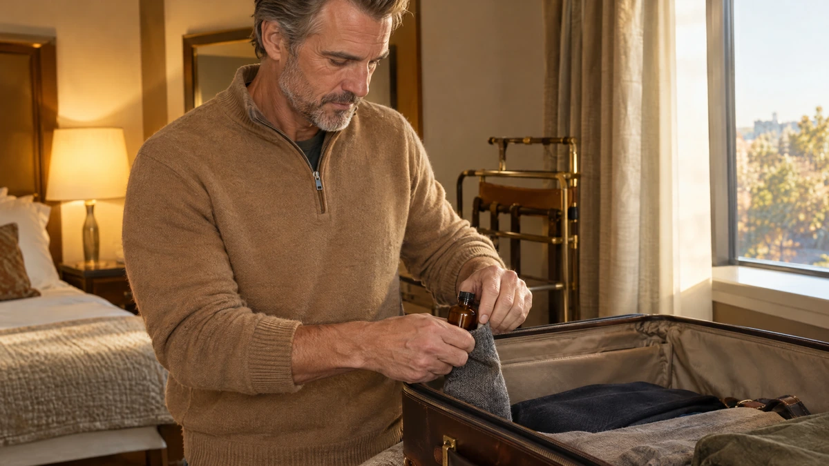A man in a camel quarter-zip wraps a small amber bottle in a wool sock beside his suitcase, Piton Noir Botanicals Boston