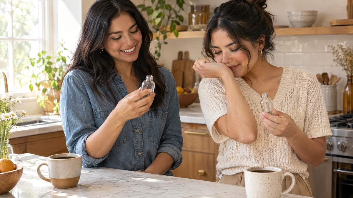 Two friends compare small unlabeled fragrance bottles at a kitchen counter in morning light, Piton Noir Botanicals Boston