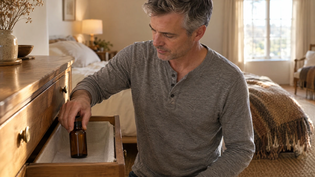 A man in a gray henley sets an amber glass bottle into a wooden dresser drawer, Piton Noir Botanicals Boston