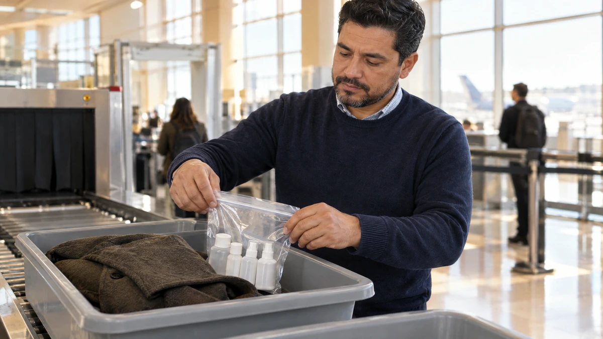 A man in a navy sweater sets a clear bag of small bottles into a gray security bin, Piton Noir Botanicals Boston