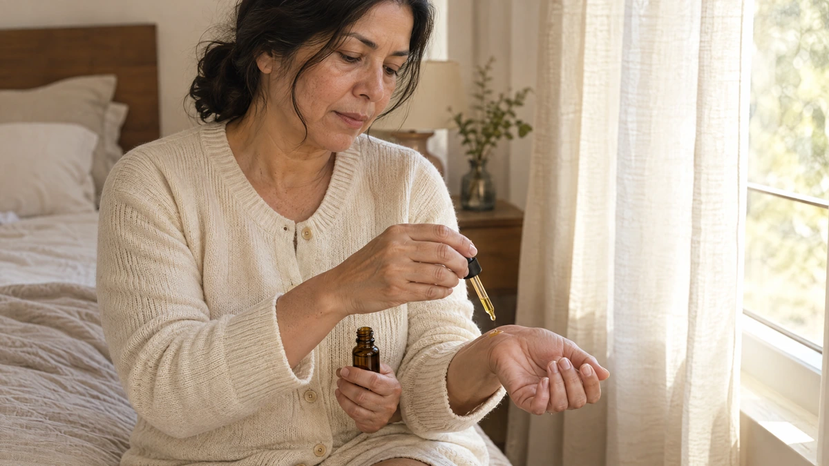 A woman in a cream cardigan presses body oil into her wrist by a bedroom window, Piton Noir Botanicals Boston