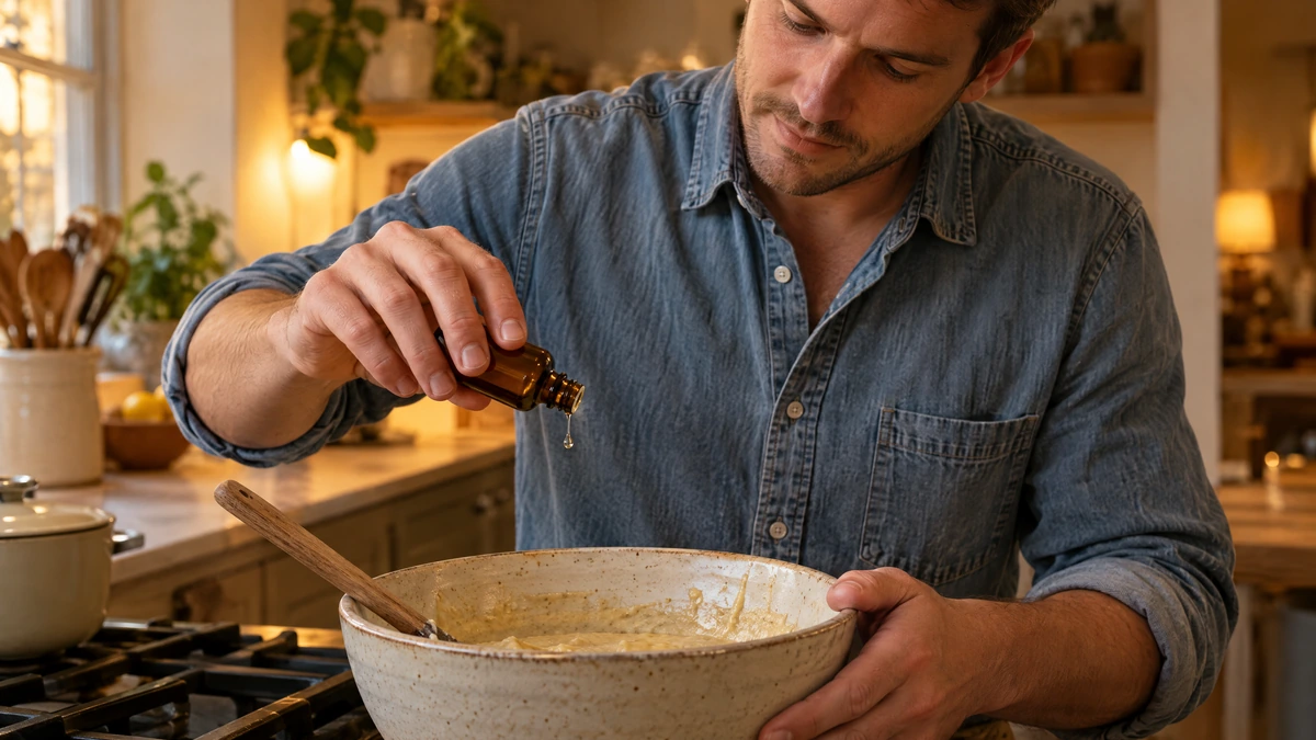 A man in a denim shirt adds a drop of vanilla extract to a mixing bowl at a home stove, Piton Noir Botanicals Boston
