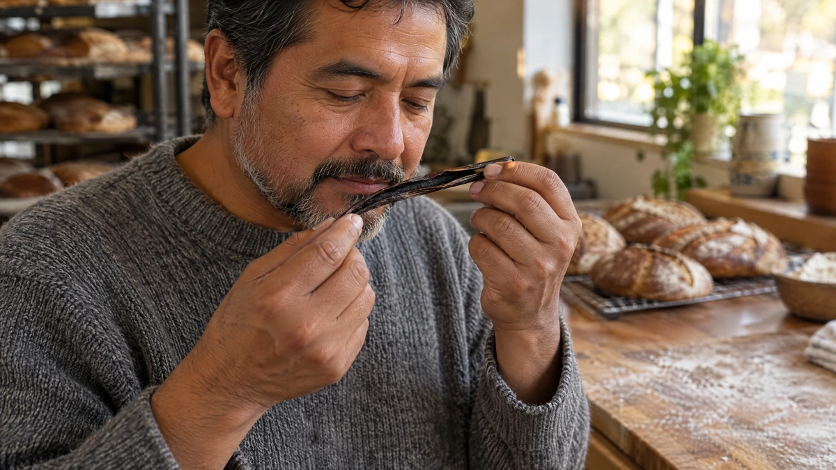 A man in a grey knit sweater smells a split vanilla pod at a bakery counter, Piton Noir Botanicals Boston