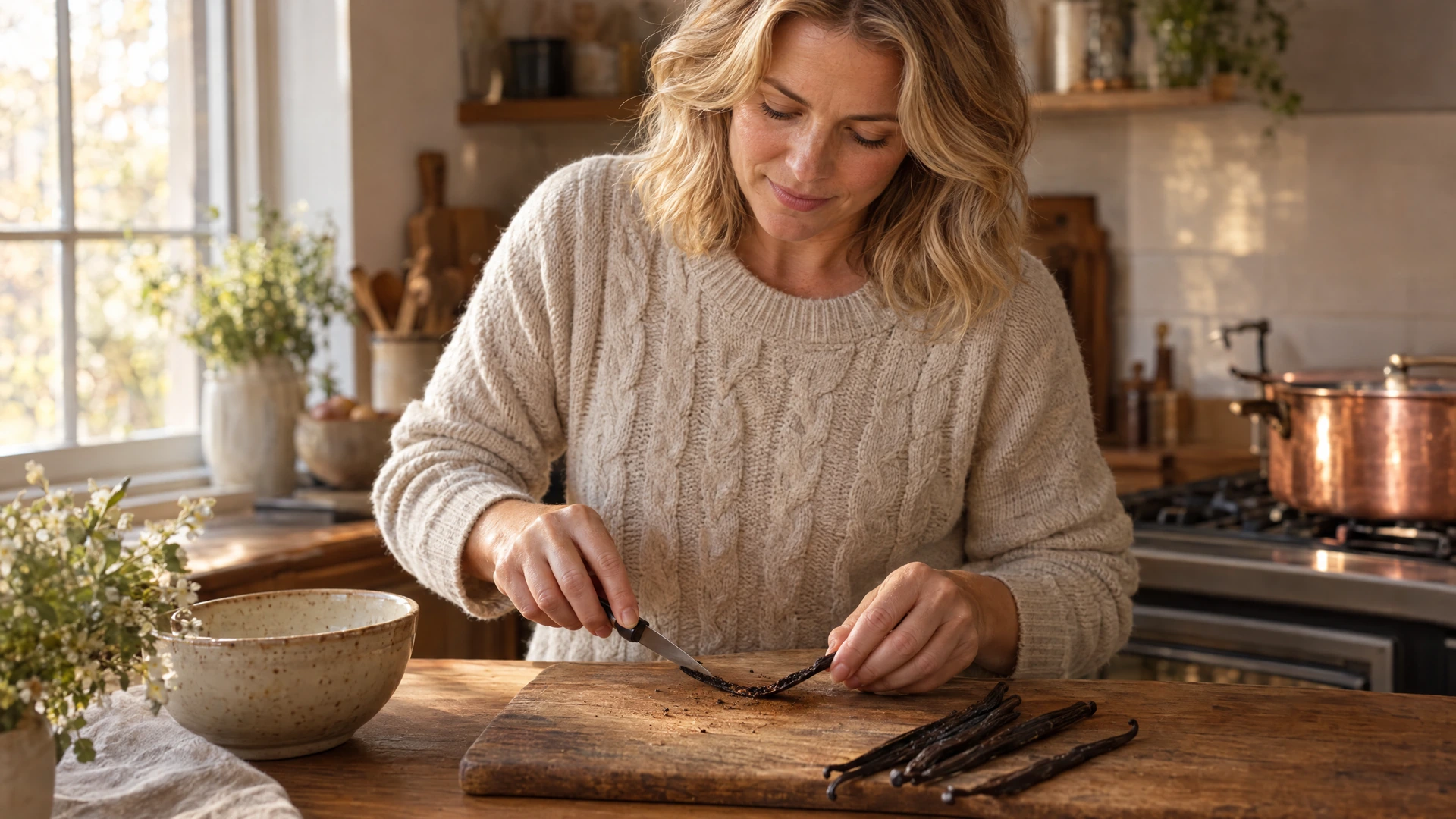 A woman in an oatmeal sweater splits a vanilla pod on a wooden board in a warm kitchen, Piton Noir Botanicals Boston