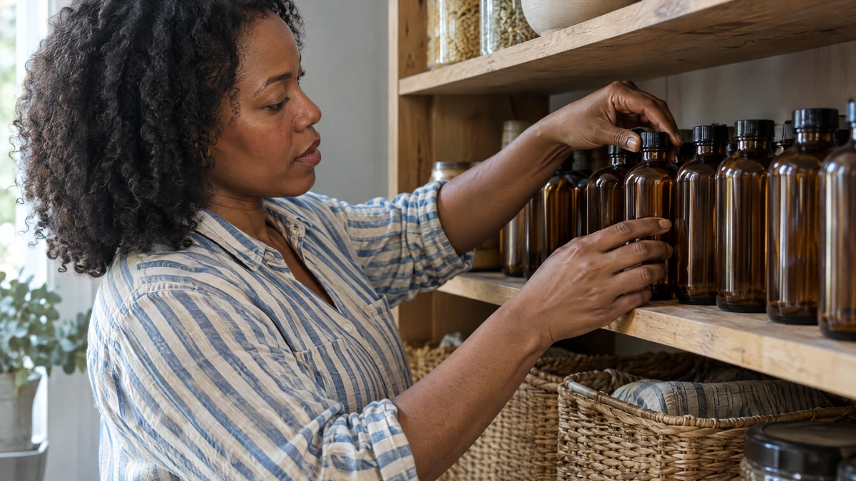 A woman in a striped cotton shirt lines up amber glass bottles on a shaded pantry shelf, Piton Noir Botanicals Boston