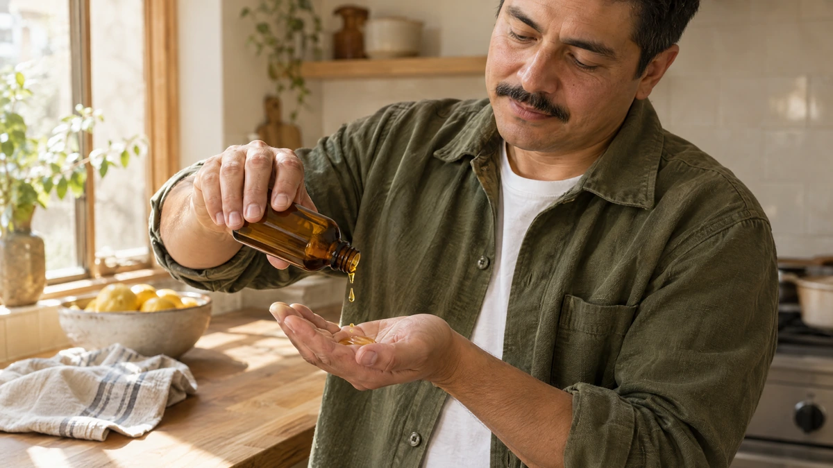A man in an olive overshirt tips golden oil into his palm in a sunny kitchen, Piton Noir Botanicals Boston
