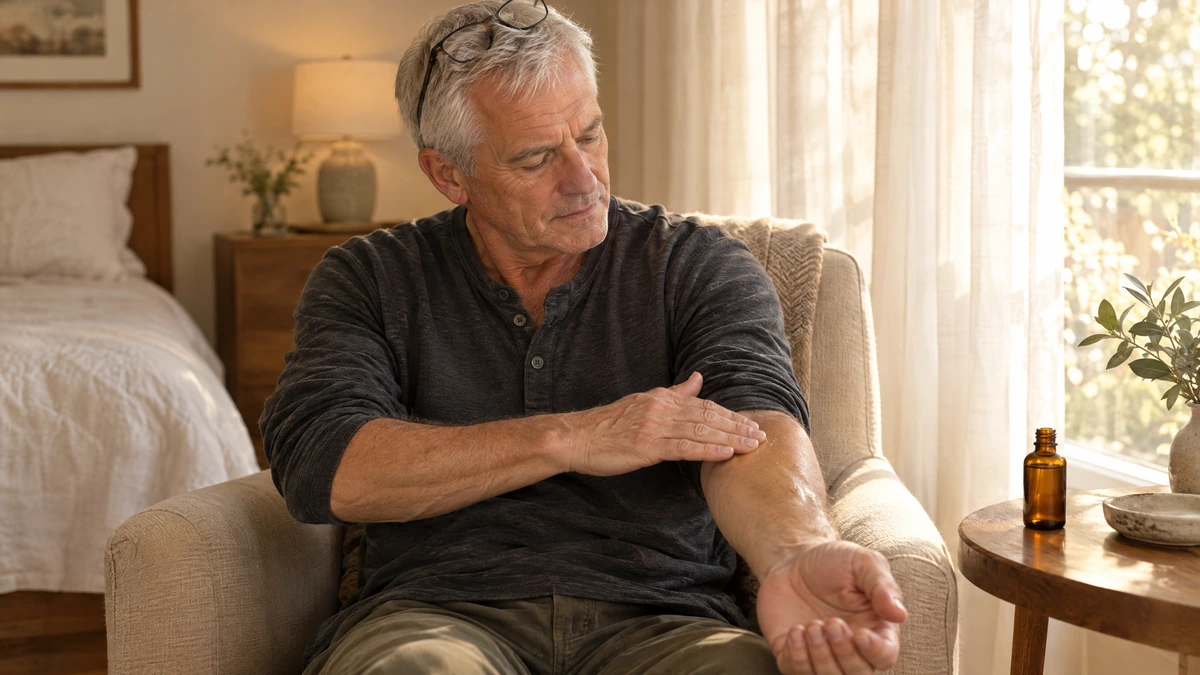 A man in a charcoal henley presses oil into his forearm in a quiet bedroom armchair, Piton Noir Botanicals Boston