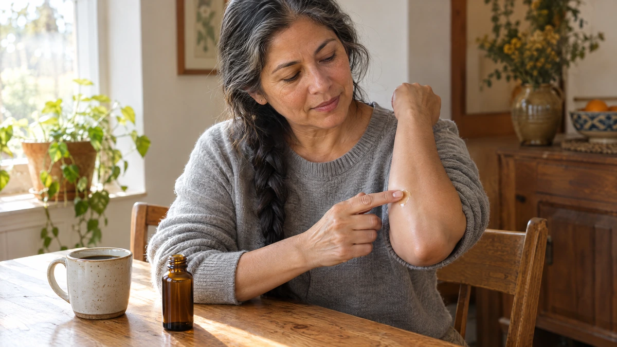 A woman in a gray sweater dabs a little oil inside her elbow at a sunny dining table, Piton Noir Botanicals Boston