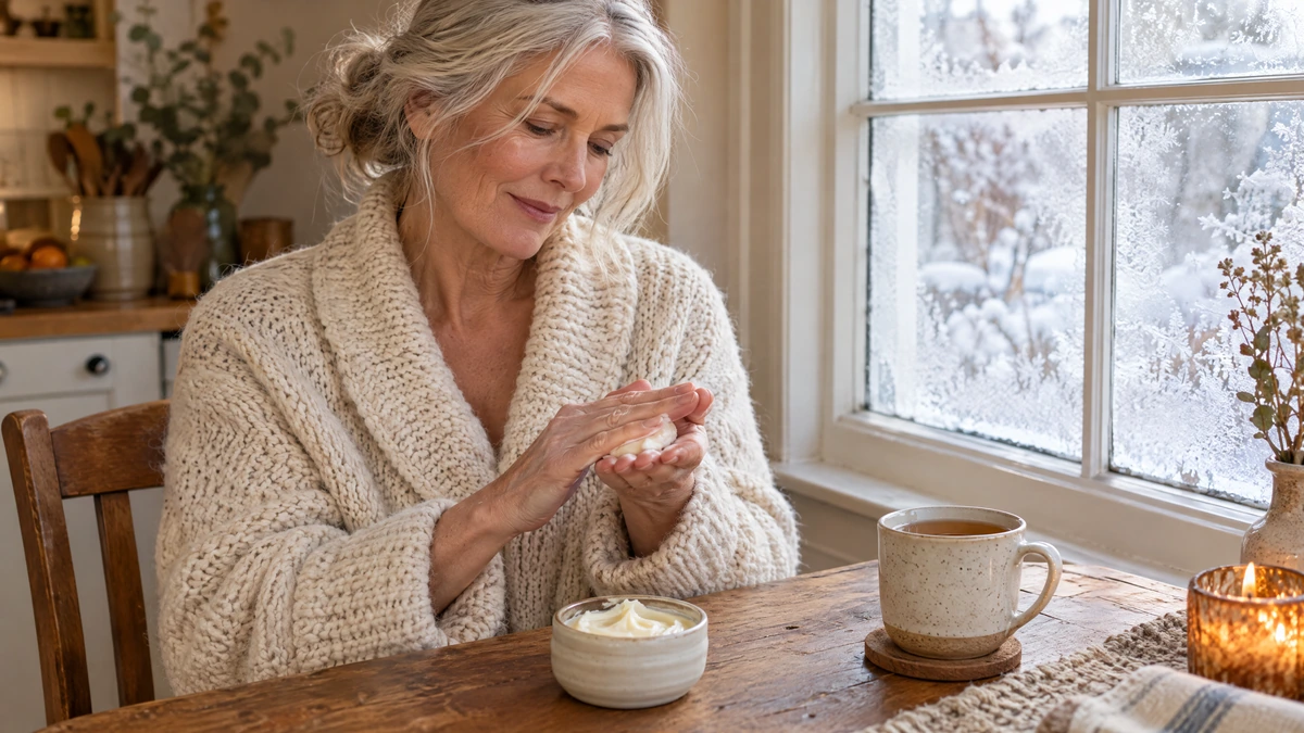 A woman with silver hair warms body butter between her hands in winter light, Piton Noir Botanicals Boston