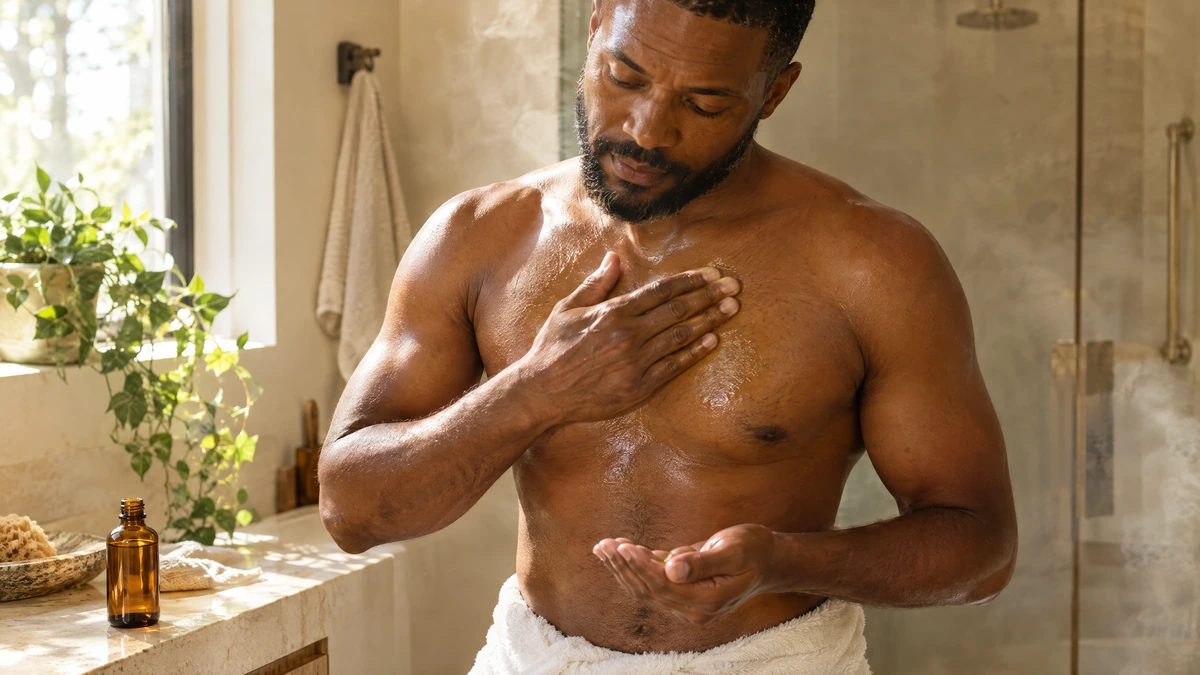 A man in a white towel presses oil into his chest in a sunlit bathroom after a shower, Piton Noir Botanicals Boston