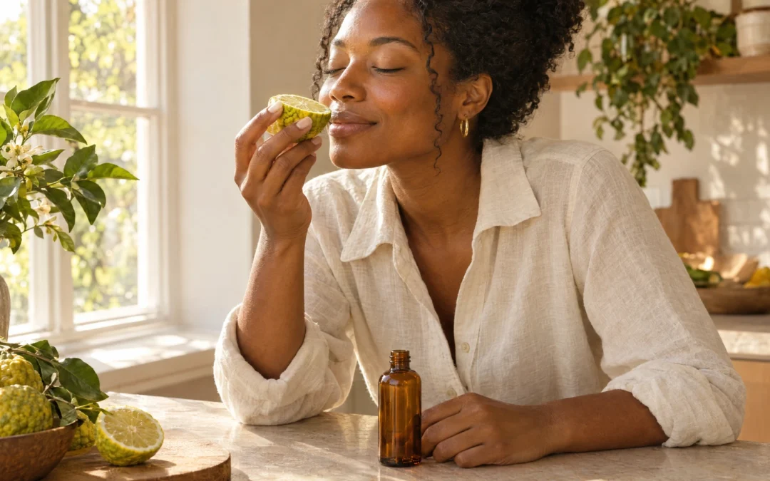 A woman smells a halved bergamot fruit at a sunlit kitchen counter, bergamot scent, Piton Noir Botanicals Boston