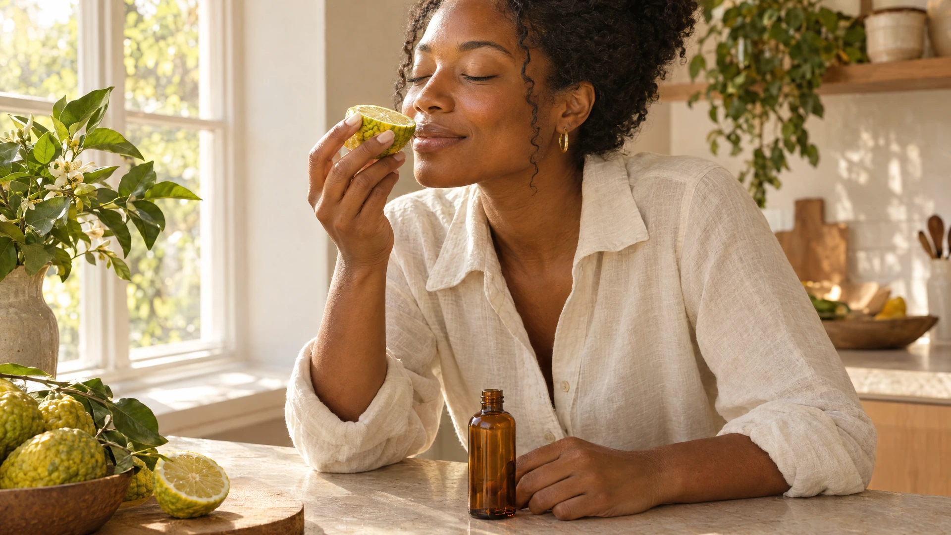 A woman smells a halved bergamot fruit at a sunlit kitchen counter, bergamot scent, Piton Noir Botanicals Boston