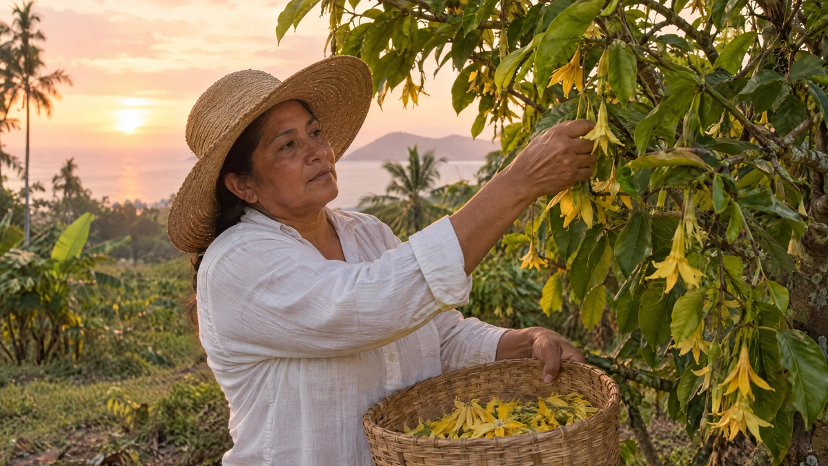 A woman in a straw hat picks yellow flowers from a low tree branch into a woven basket at dawn, Piton Noir Botanicals Boston