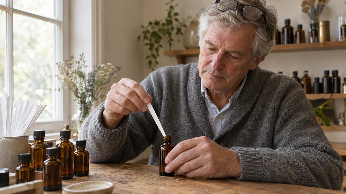 An older man in a grey cardigan dips a paper strip into a small amber bottle at a workbench, Piton Noir Botanicals Boston