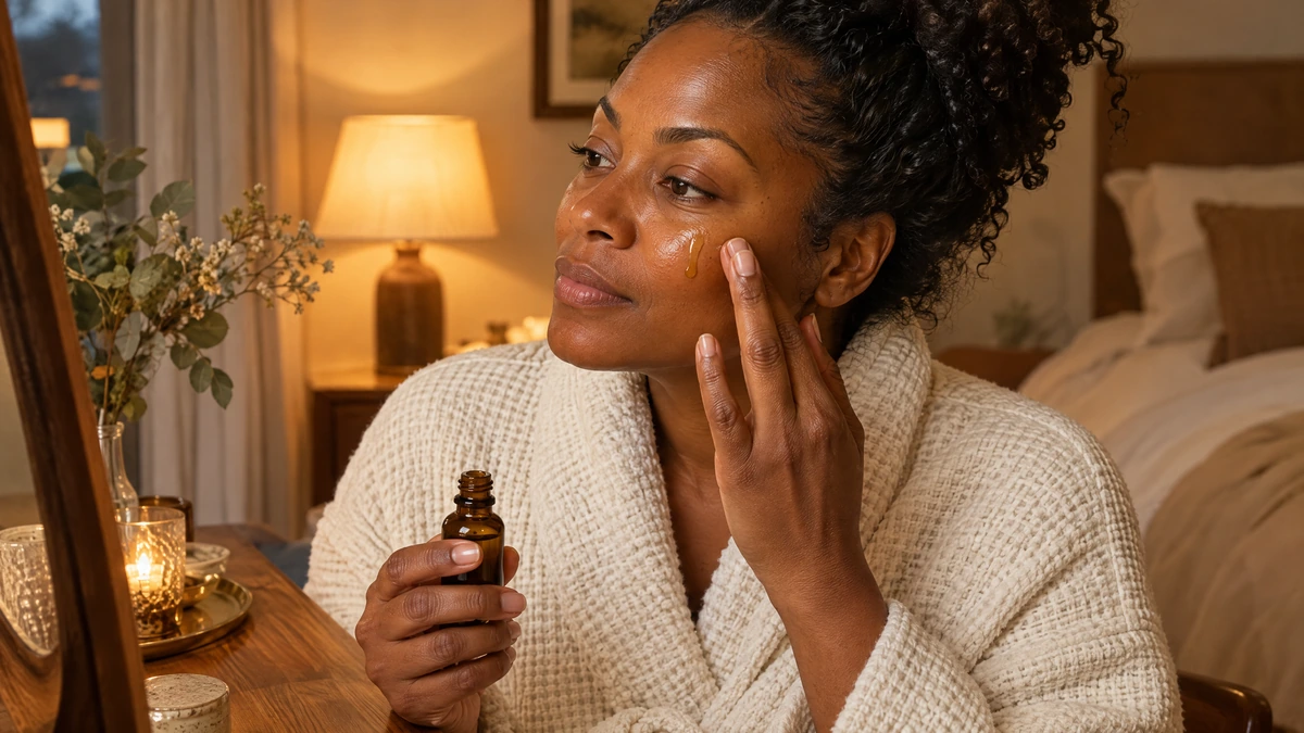 A woman in a tied cream robe presses a drop of golden serum onto her cheek at an evening vanity, Piton Noir Botanicals Boston
