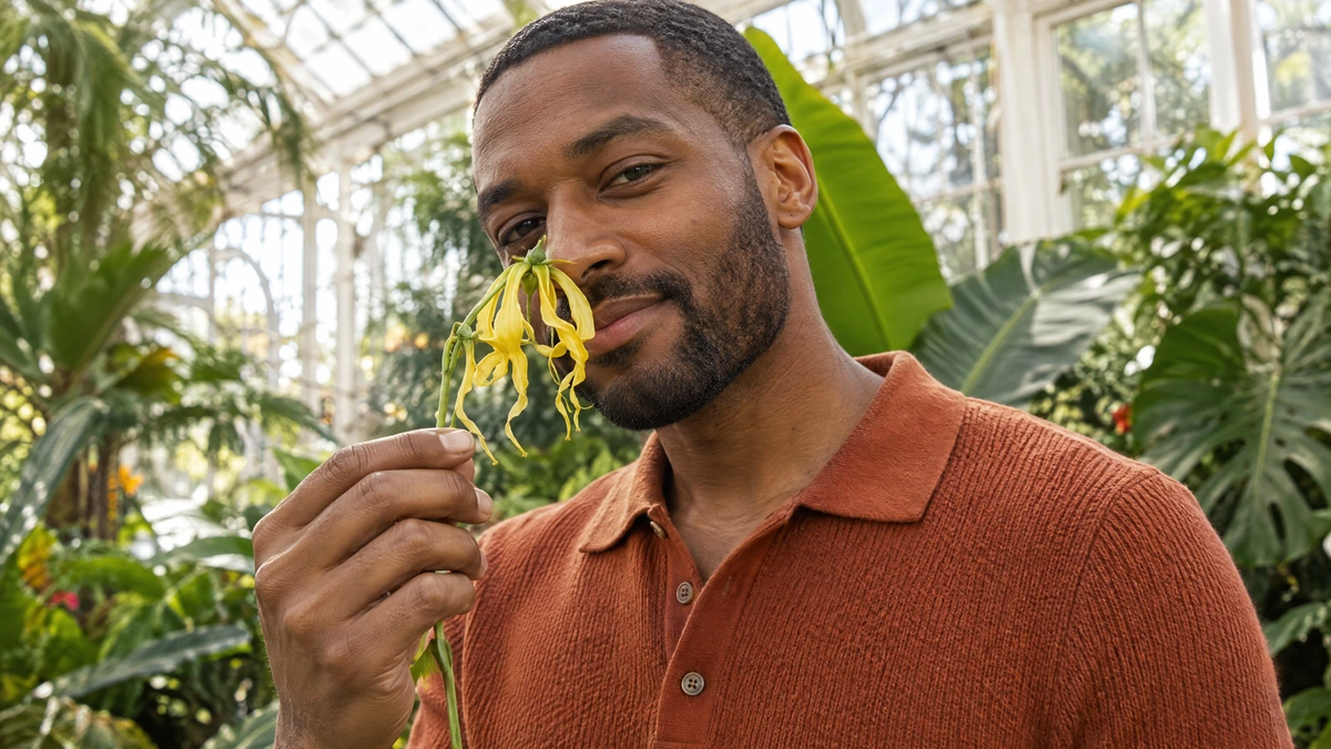 A man in a rust knit polo holds a yellow flower to his nose in a glass conservatory, Piton Noir Botanicals Boston